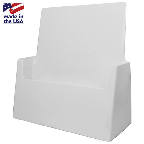 A sleek white letter size Brochure holder placed on a countertop, creating a seamless and elegant look.