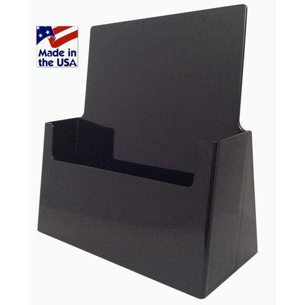An elegant black lettersize brochure holder placed on a countertop, creating a striking visual contrast.