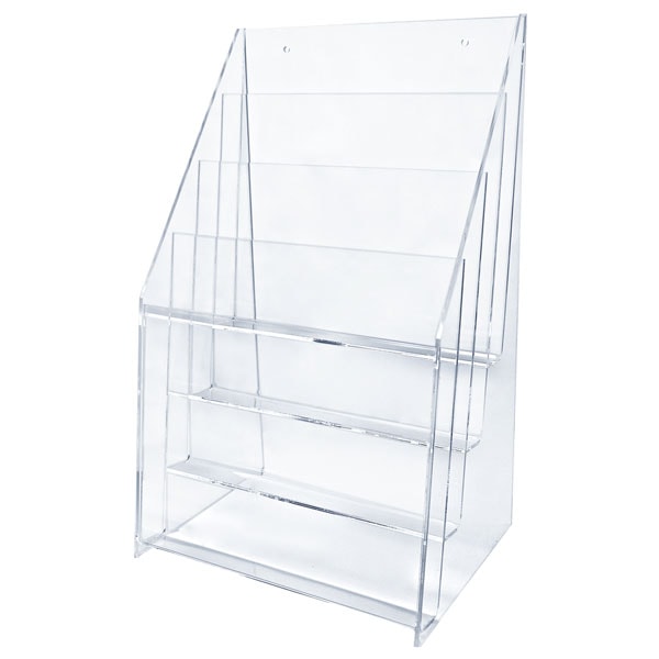A transparent plastic rack with Four shelves for displaying items.