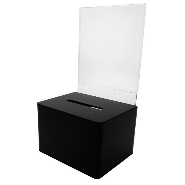 A Black Acrylic donation / ballot box showcases how to open box