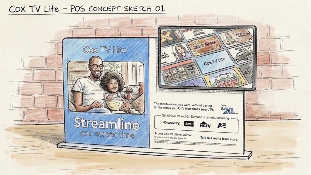 Hand-drawn concept sketch of the Cox TV Lite countertop display