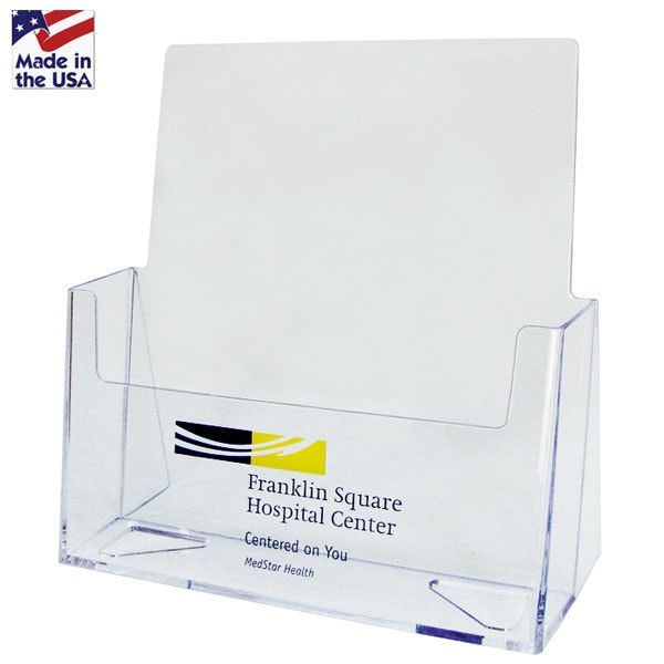 Clear 8.5 x 11 Flyer Literature Rack with a printed logo
